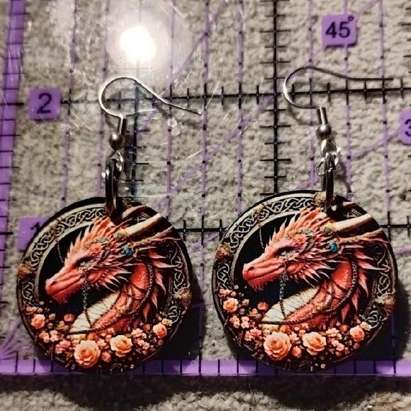 Pink Dragon Design Earrings with Pink Flowers - Picture 3 of 3